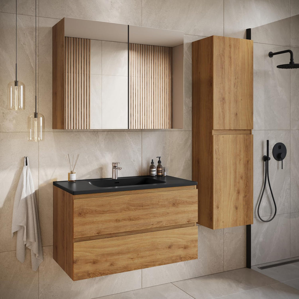Badplaats B.V. Badezimmer Badmöbel Set Angela 100 cm - Schwarzes Waschbecken - Eiche - Unterschrank Schrank Waschbecken Waschtisch
