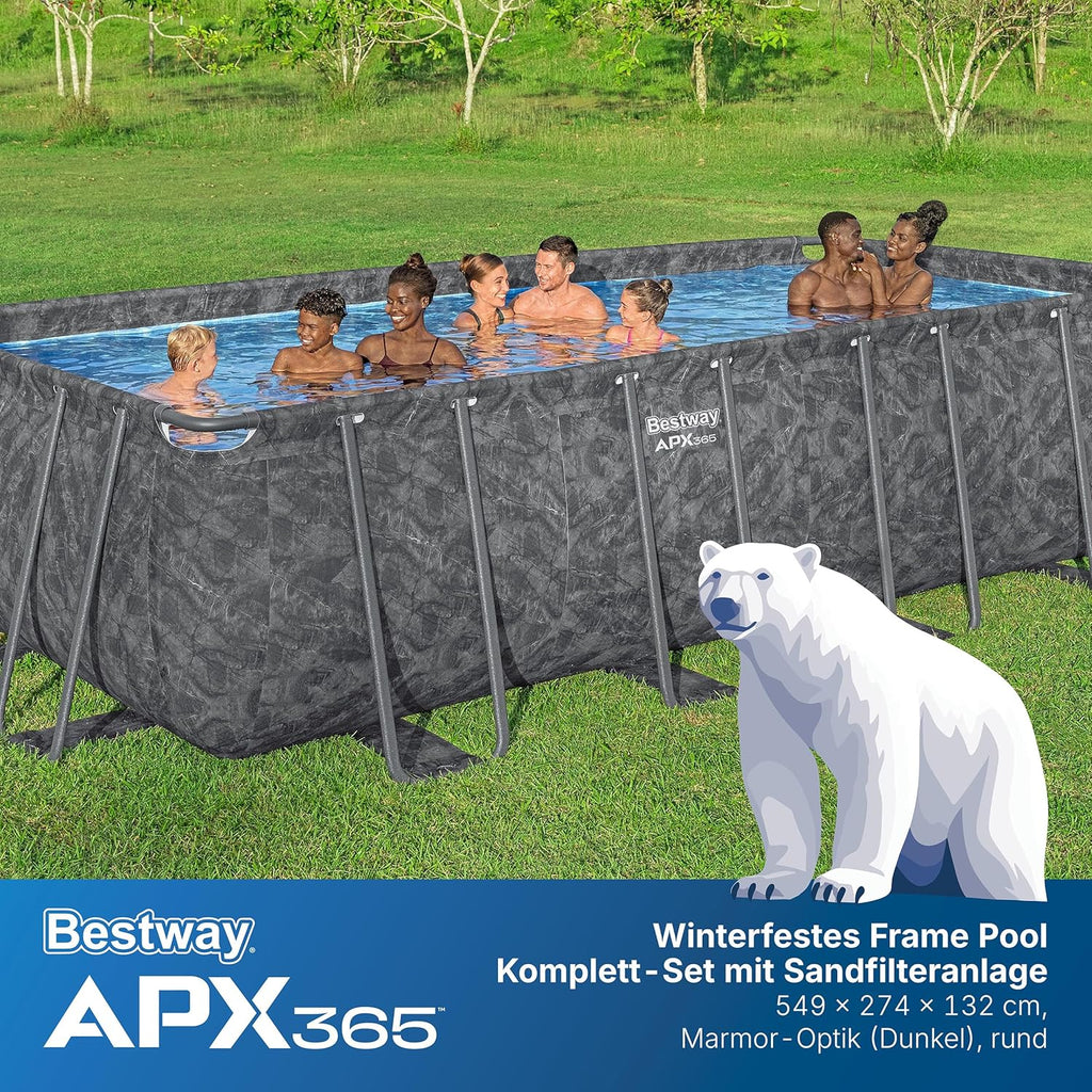 Bestway APX365 Winterfestes Frame Pool Set, Sandfilteranlage, 549 x 274 x 132 cm, 16.477 L, Stahlrahmen, Polar-Shield, Dunkle Marmor-Optik, Sicherheitsleiter, Abdeckplane, Werkzeugloser Aufbau, DEKRA