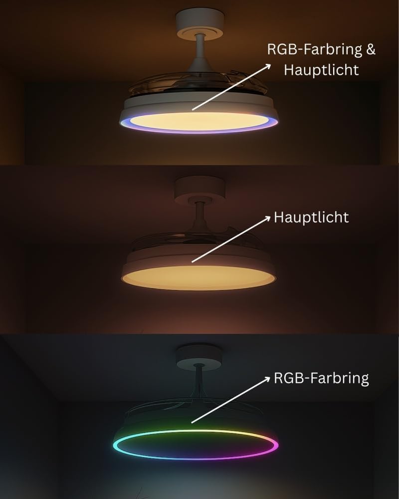 MeLiTec Deckenleuchte mit Ventilator, Deckenventilator mit Beleuchtung LED, leise, mit RGB-Licht, verschiedene Farbmodi, Timer- und Nachtlichtfunktion, dimmbar, DV07, weiß, Steuerung per Fernbedienung