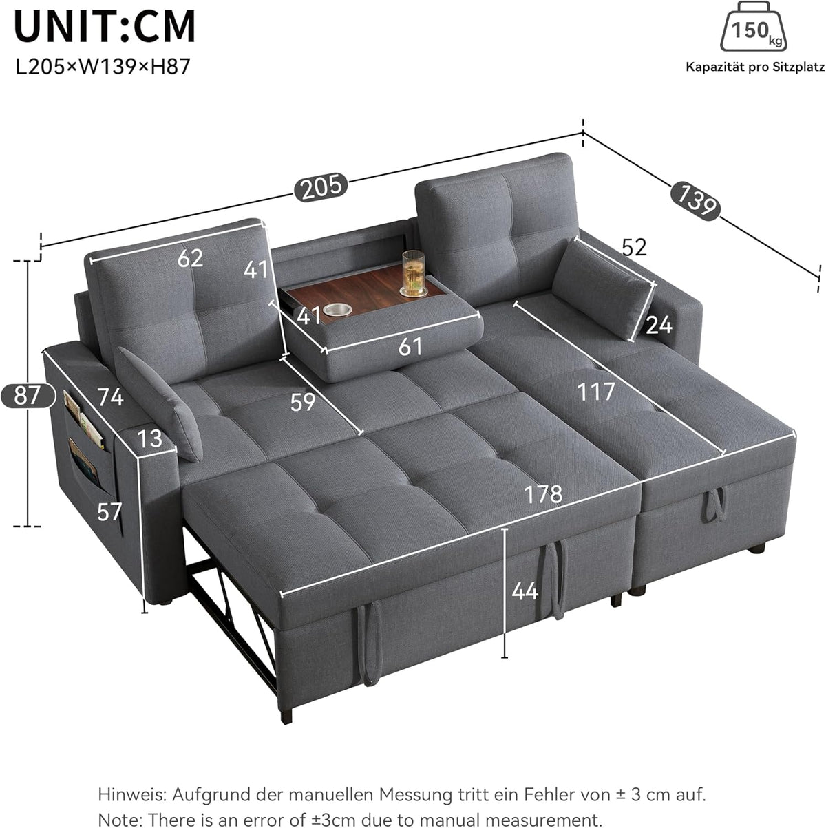 Modernes L-Sofa, modulares ausziehbares Schlafsofa mit Schlaffunktion, ausgestattet mit Stauraum, herunterziehbarem Getränkehalter, geeignet für Wohnzimmer, Heimkino (Grau)