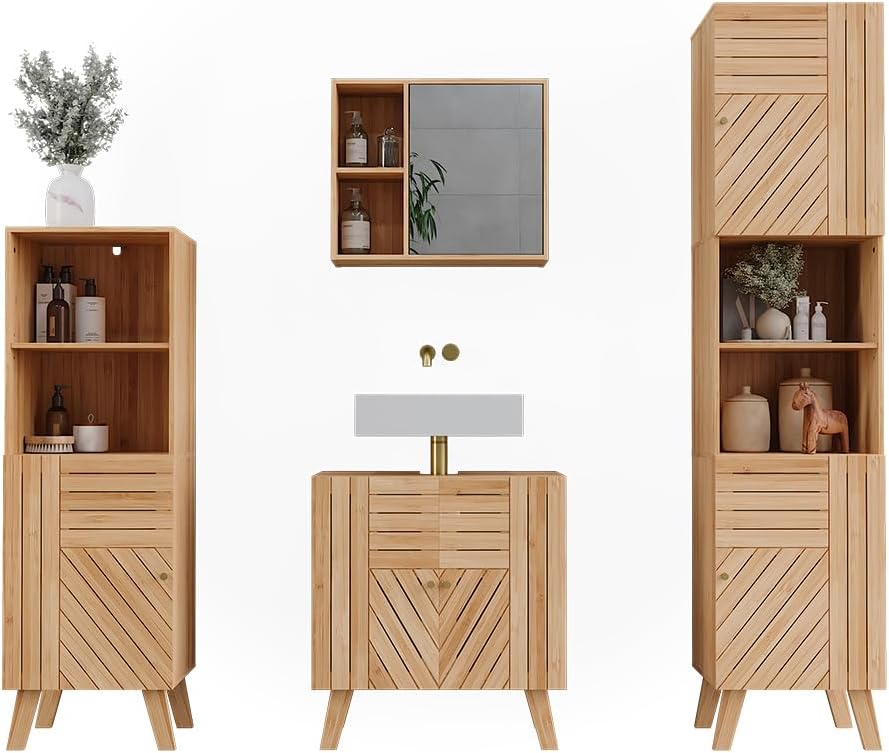 Vicco Badmöbel-Set Lucie, Bambus, 60 cm, besteht aus Waschbeckenunterschrank, Spiegelschrank, Hochschrank und Midischrank