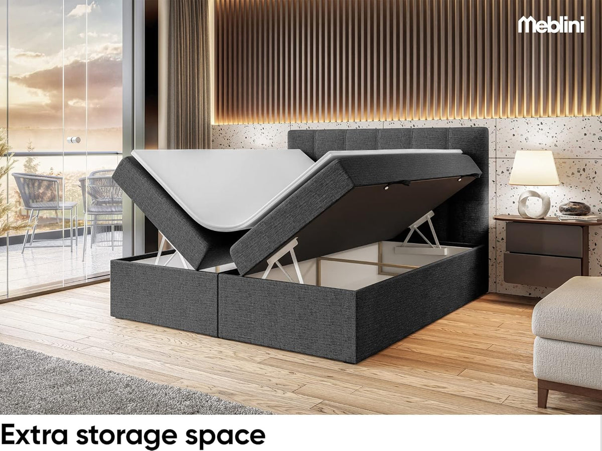 MEBLINI Boxspringbett mit Bettkasten - Gepolstert Doppelbett mit Matratze und Topper - Polsterbett mit Stauraum - Bett mit Kopfteil - Stauraumbett - NILS - 140x200 - H3/Dunkelgrau Webstoff