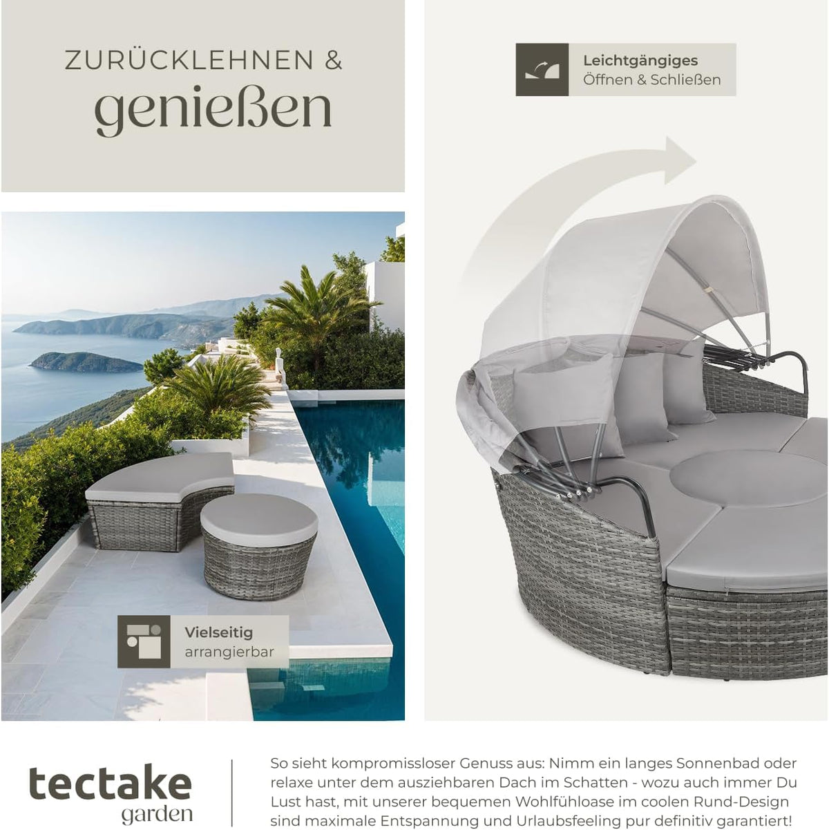 tectake® Lounge Muschel Sonneninsel Outdoor wetterfest, Gartenmuschel, Sonnenliege 2 Personen und mehr, multifunktionales Terrasse oder Balkon Möbel, Gartenliege wetterfest - grau
