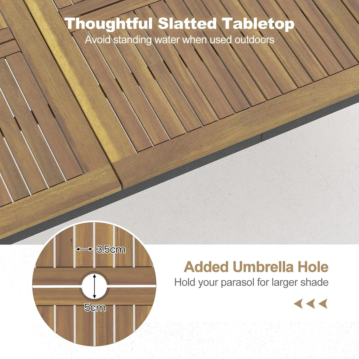 KOMFOTTEU Gartentisch mit Schirmloch, Esstisch aus Akazienholz, Holztisch für 8 Personen, Terrassentisch 200 x 90 x 75 cm, für Outdoor, Garten, Patio (Modell A)