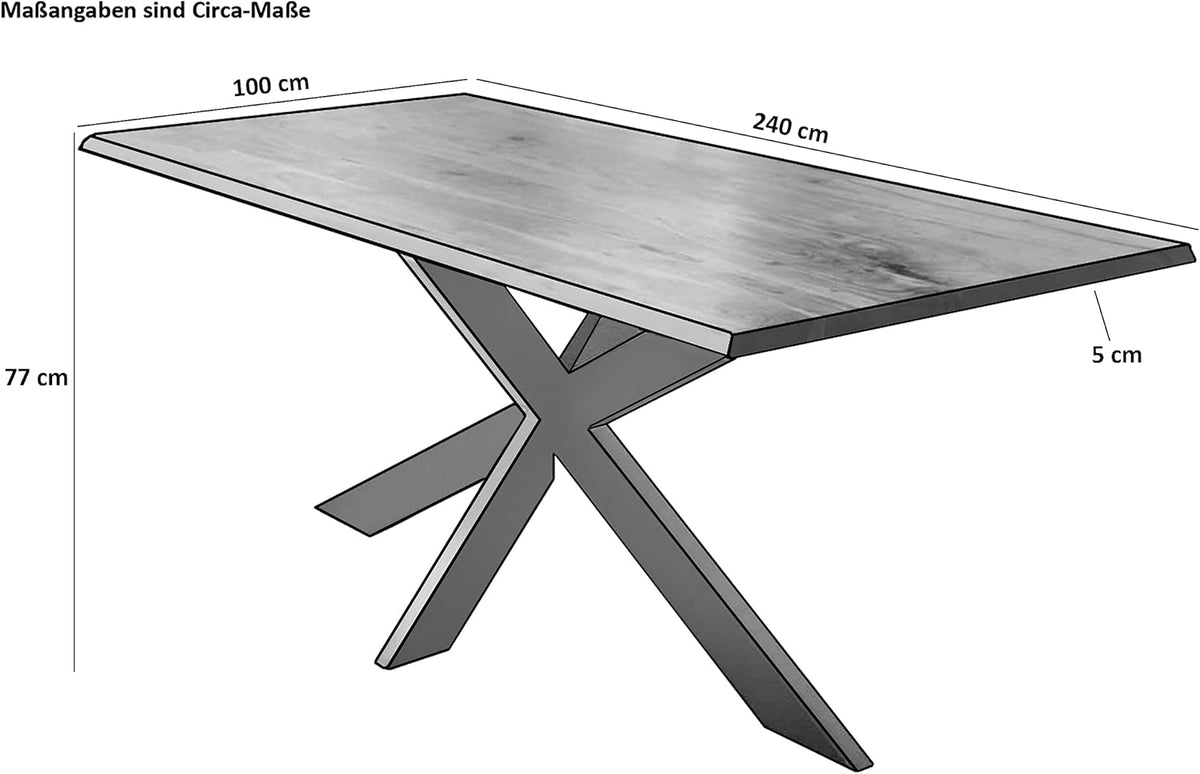 SAM Esstisch 240 x 100 cm Cali, Baumkantentisch naturfarben, Akazienholz massiv, Spider-Gestell aus Metall Silber, aufgedoppelte Kanten 25+25 mm