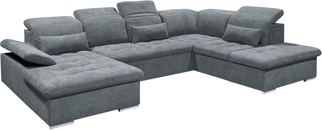 Stella Trading WAYNE Wohnlandschaft in U-Form, Stoffbezug Anthrazit - Ausziehbares Sofa mit Schlaffunktion  und  Bettkasten - 340 x 81 (104) x 188 (240) cm (B/H/T)