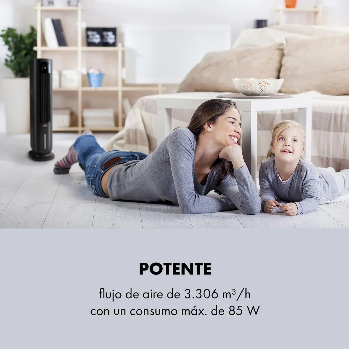 KLARSTEIN Polar Tower Smart Climatizador Evaporativo – 4 en 1: Ventilador, Humidificador & Purificador, Control App & Alexa, Depósito 7L, 3.306 m³/h, Modo Noche, Portátil con Ruedas, Negro