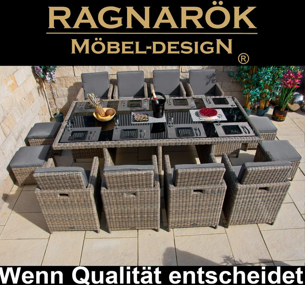 PolyRattan - Deutscher Hersteller - 10 Jahre GARANTIE auf UV-Beständigkeit - Gartenmöbel Essgruppe Tisch 8 Stuhl Hocker Polster Rostfrei Aluminium Dining Lounge Naturfarben Grau Schwarz