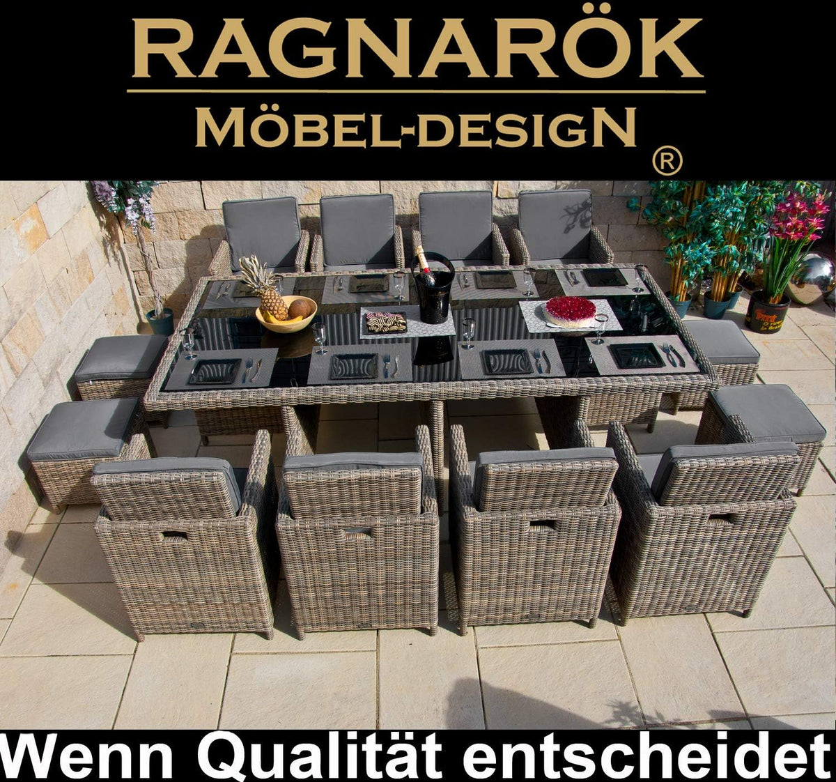 PolyRattan - Deutscher Hersteller - 10 Jahre GARANTIE auf UV-Beständigkeit - Gartenmöbel Essgruppe Tisch 8 Stuhl Hocker Polster Rostfrei Aluminium Dining Lounge Naturfarben Grau Schwarz