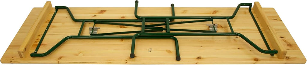 DEGAMO Stehtisch Bartisch Bamberg 70 x 220cm, Gestell Stahlrohr dunkelgrün, Tischplatte Kiefernholz transparent beschichtet, klappbar, Höhe 110cm