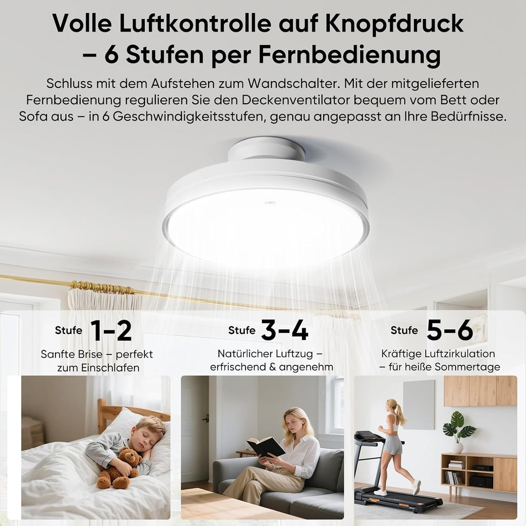 GONEO Deckenventilator mit Licht ohne Flügel - 24,5 cm flach, Unterputz, 60W, LED dimmbar 3000–6500K, 6 Stufen, Fernbedienung Timer, leise, für Schlafzimmer Kinderzimmer Büro | niedrige Decke Wohnung