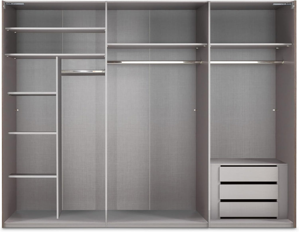 Schwebetürenschrank 3-türig B300/H216/T65 cm Weiß m. Glasfront, Spiegel, schwarzen Griffleisten, inkl. Selbsteinzug, Kleiderschrank m.Einlegeböden, Kleiderstangen, Schubladen, Wäscheeinteilung / 22039