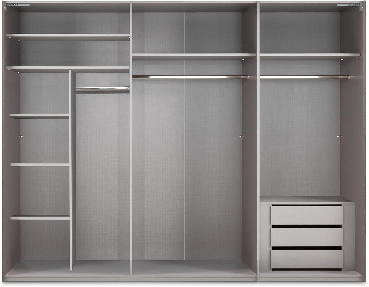 Schwebetürenschrank 3-türig B300/H216/T65 cm Weiß m. Glasfront, Spiegel, schwarzen Griffleisten, inkl. Selbsteinzug, Kleiderschrank m.Einlegeböden, Kleiderstangen, Schubladen, Wäscheeinteilung / 22039