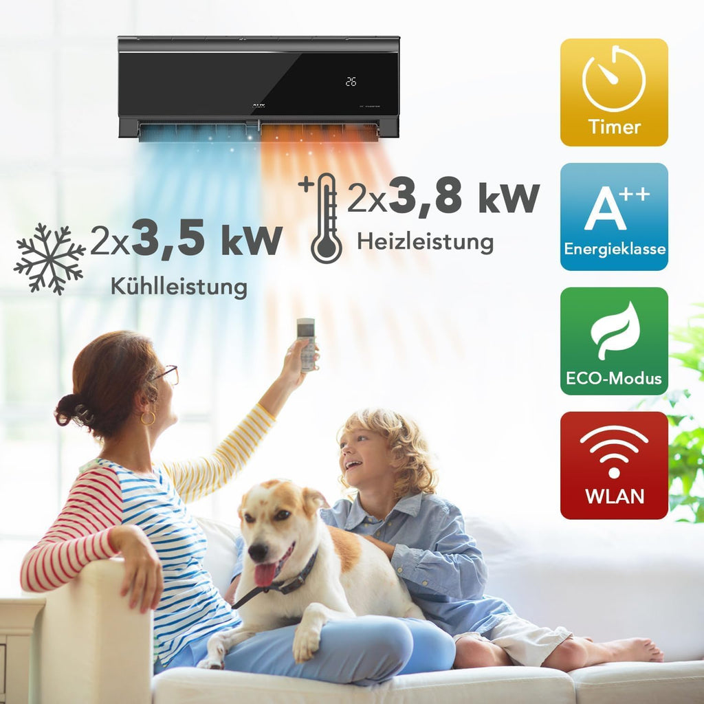 A++ AUX Klimaanlage Set 27000 BTU (7,9kW) - Außengerät + 2× 12000 BTU Wandgerät mit WLAN - R32 Kältemittel - Hochglanz Schwarz - leise Multi Split für 2 Räume - smart & anschlussfertig