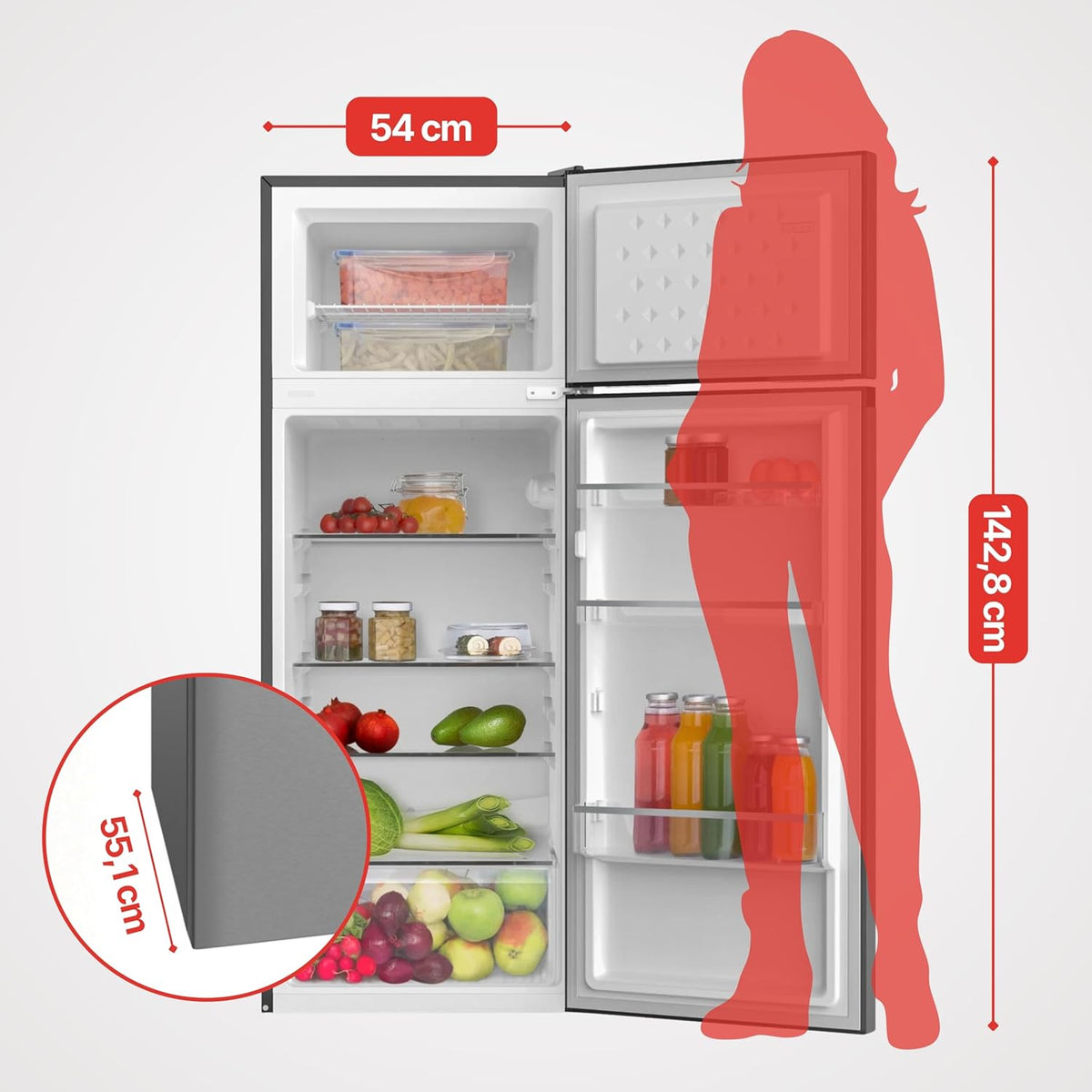 Amica Kühl‑Gefrierkombination freistehend 211 l FrostControl LED Beleuchtung 142,8 x 54 x 55,1 cm – Kühl Gefrierkombination Silber