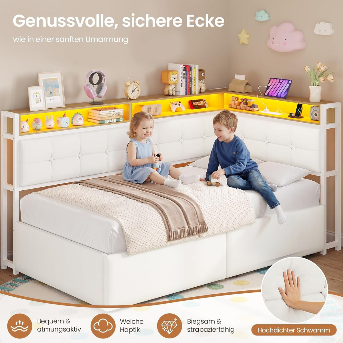 DICTAC Jugendbett 90x200 mit Stauraum, LED & Ladestation | Polsterbett mit hydraulischem Stauraum, zweistöckiges Ablagefach | Tagesbett Einzelbett in weiß– für Kinder, Jugendliche & Erwachsene