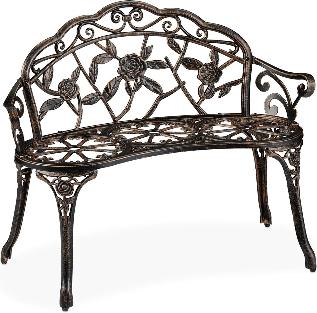 Relaxdays Gartenbank, 2 Sitzer, Rosen, Terrasse, Balkon, Alu & Gusseisen, antike Sitzbank, HBT: 78 x 99 x 52 cm, Bronze