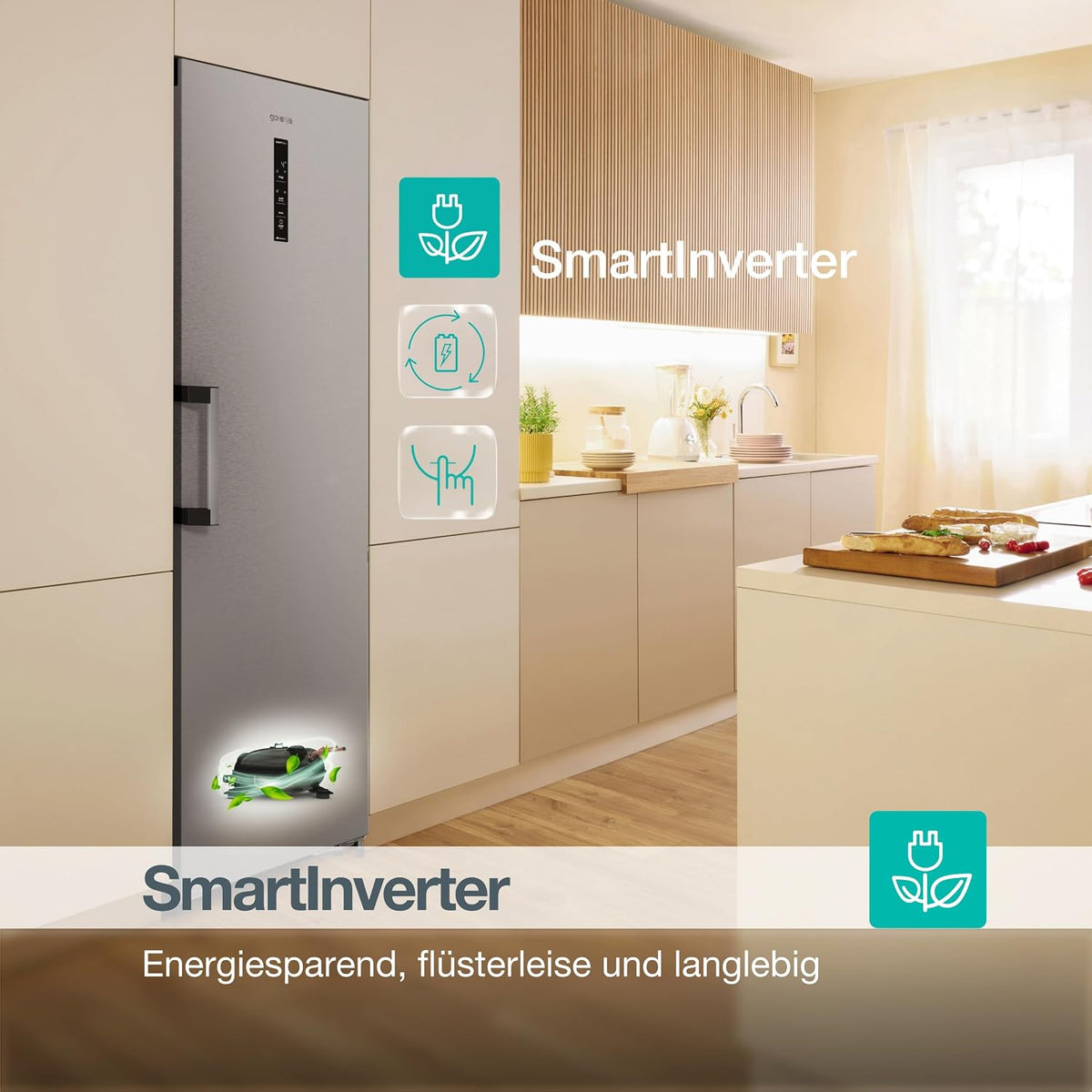 Gorenje RN618C6X6WF Kühlschrank, 372 Liter, SmartFit, 185cm Höhe, CrispZone mit Feuchteregler, Wifi, Flaschenhalter, Easy-open Griff, Inverter, BxHxT: 59,5×185,6×60 cm, Edelstahl