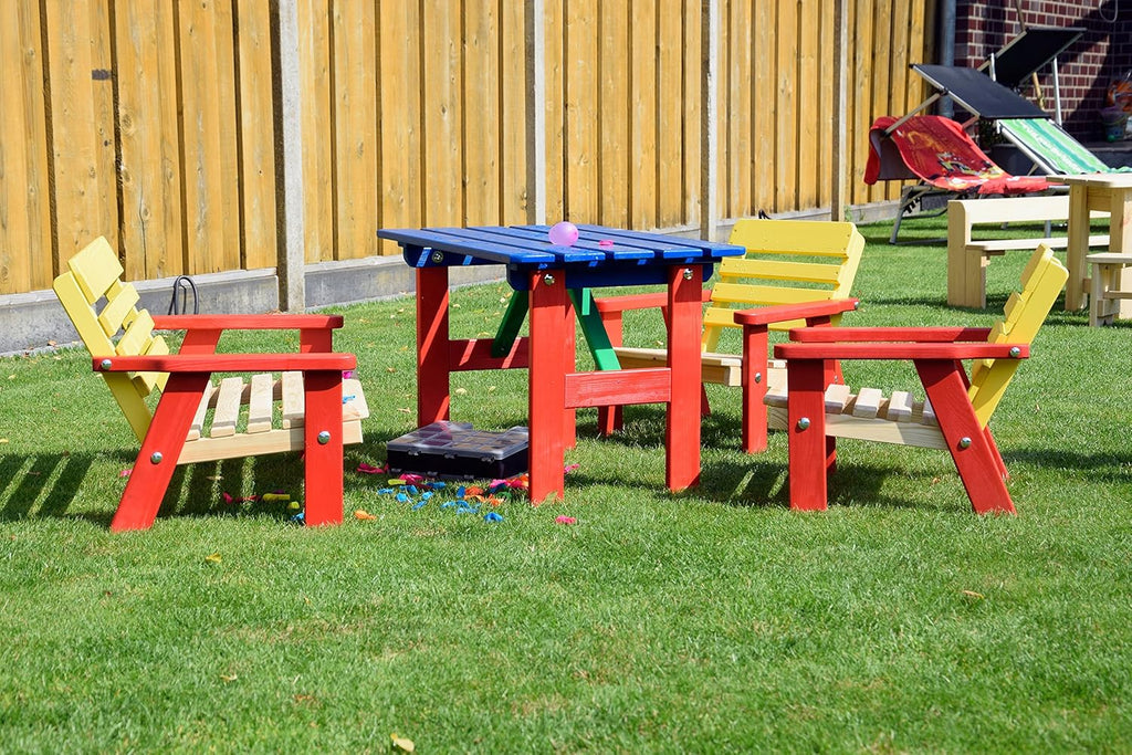 dobar® 94370FSC Kinder Outdoor Sitzgruppe 4 Plätze | 1 Bank, 2 Stühle, 1 Tisch | Picknickgarnitur für Kinder | Kindersitzgruppe Massivholz für Garten/Terrasse | Wetterfest Kindersitzgarnitur | Bunt, Mittel