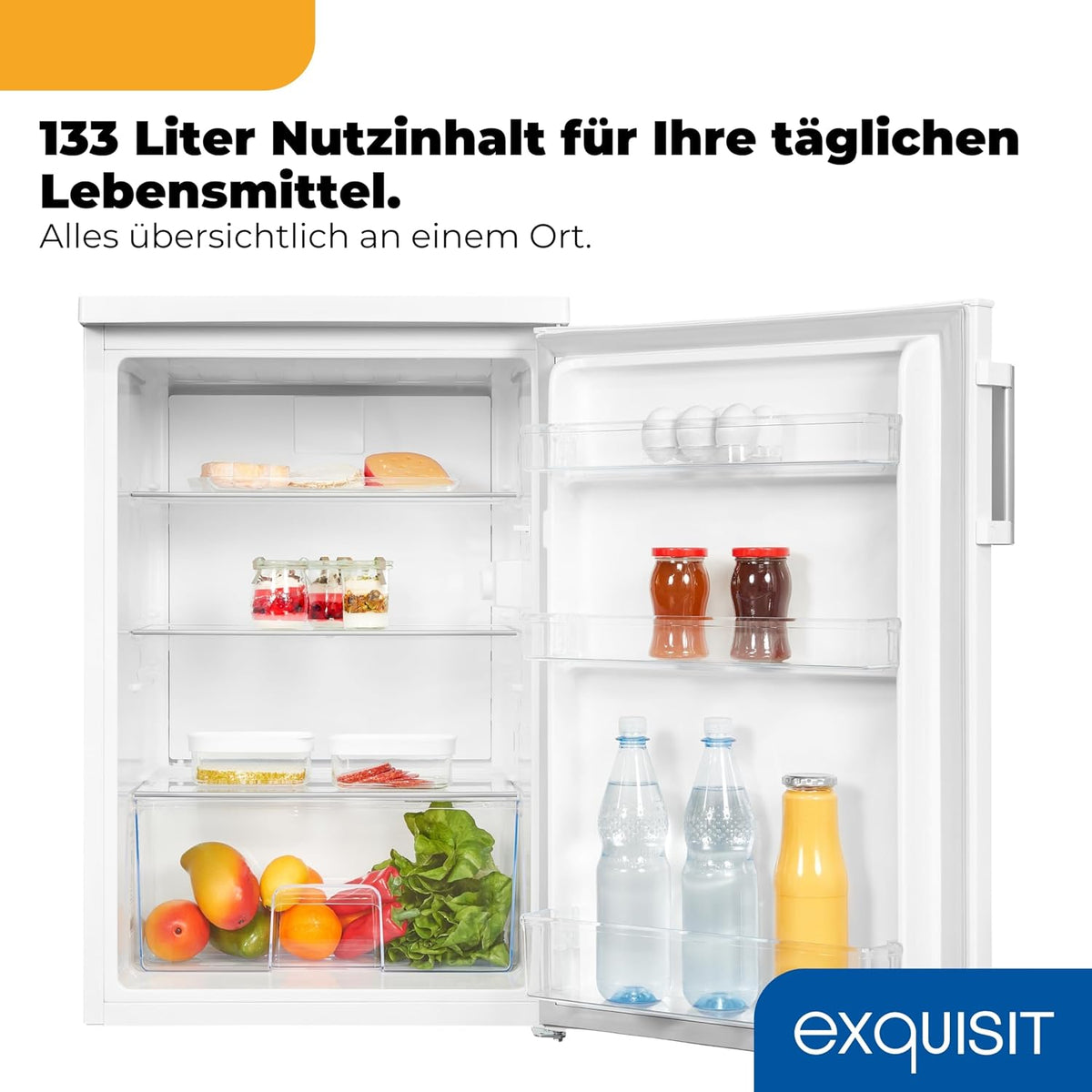 Exquisit Vollraumkühlschrank | 133 l Nutzinhalt, Energieklasse E, 40 dB(A) | kompakte Bauform, LED-Innenbeleuchtung, manuelle Temperaturregelung, Flaschenfach, Gemüseschublade | KS516-V-H-010E weiss