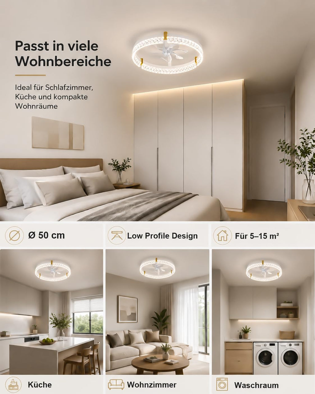 Airwit 50cm Deckenventilator mit Beleuchtung, Lampe mit Ventilator in Glasoptik, Deckenlampe mit Ventilator leise dimmbar, 3000K-6000K stufenlos, 6 Windstufen, Timer 1/2/4H, App Fernbedienung, Weiß