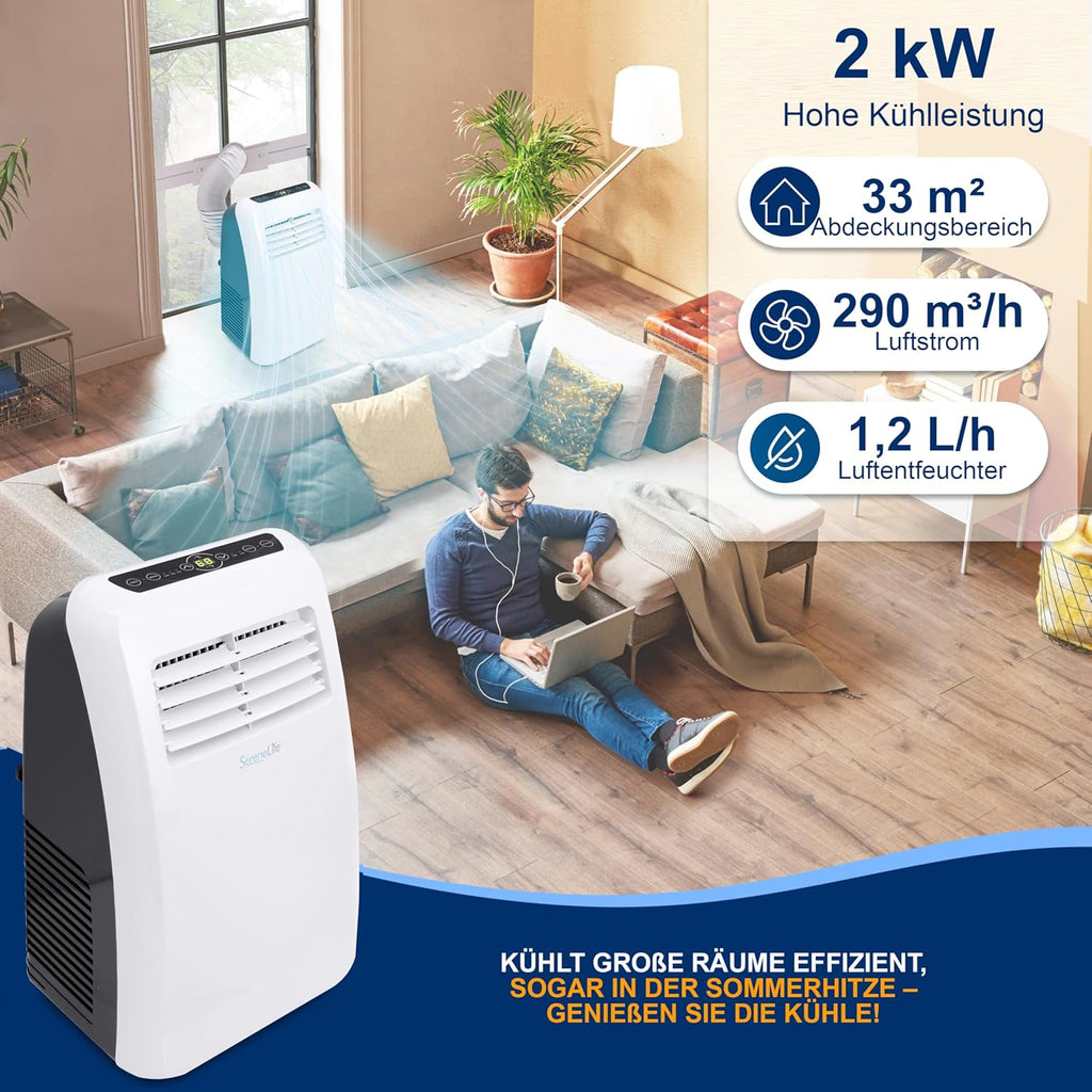 SereneLife Mini Klimaanlage mobil, 3-in-1 mobiles Klimagerät mit Abluftschlauch – Luftkühler, Luftentfeuchter & Ventilator, Air conditioner – 9.000 BTU, 1,5L Feuchtigkeit/Stunde, kühlt Räume bis 42 m2