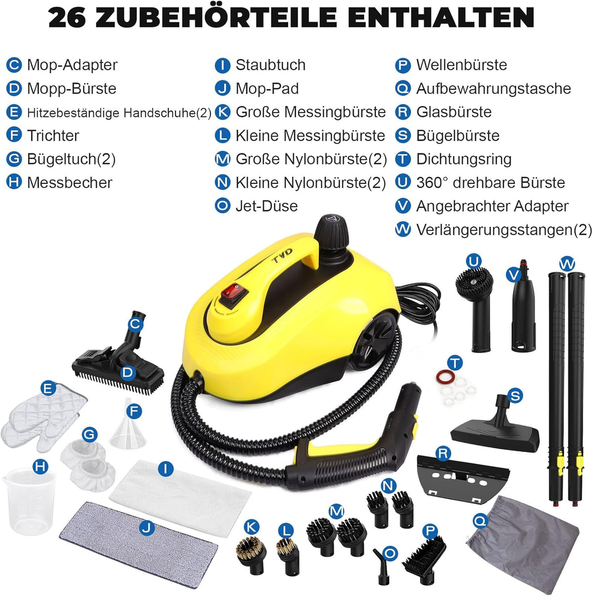 TVD Dampfreiniger, Polstermöbelreiniger, Dampfreiniger mit 5 m extra langem Netzkabel für Bodendampfer, Ofen, Teppich, Sofa, Polster, Bettwanzen.