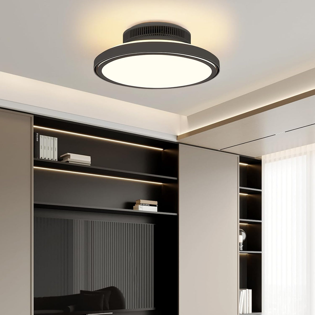 Blattloser Deckenventilator mit Beleuchtung und Fernbedienung Leise, 3000-6000K Dimmbares LED Deckenleuchte mit Ventilator mit 6 Windgeschwindigkeiten und Timer-Funktion, Schwarz