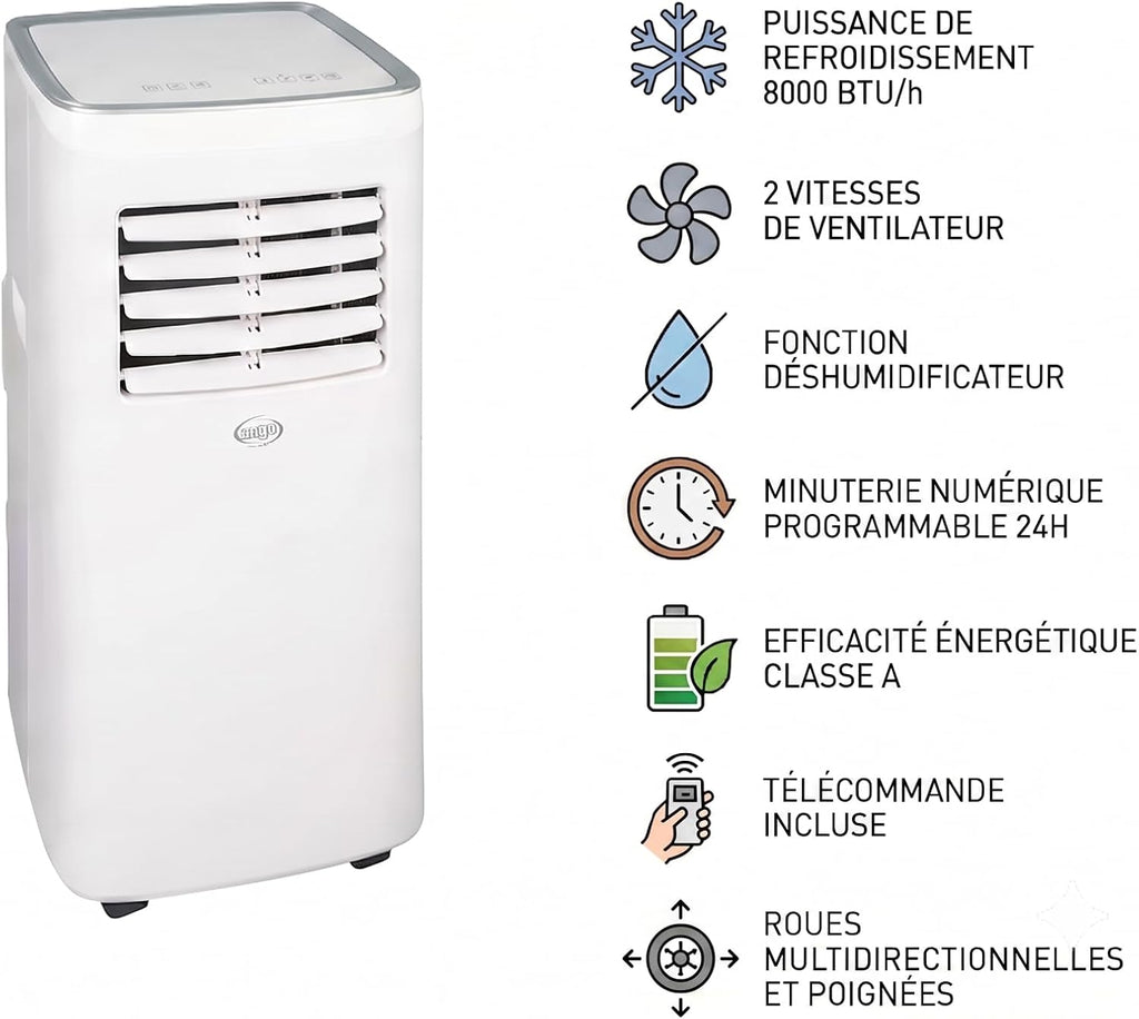 ARGO - Kompaktes mobiles Klimagerät – 3 Funktionen Kühlung Belüftung Entfeuchtung – 8000 BTU/h – Energieeffizienzklasse A – Weiß – 69 x 32,8 x 33,4 cm – ARG-ETIENNE