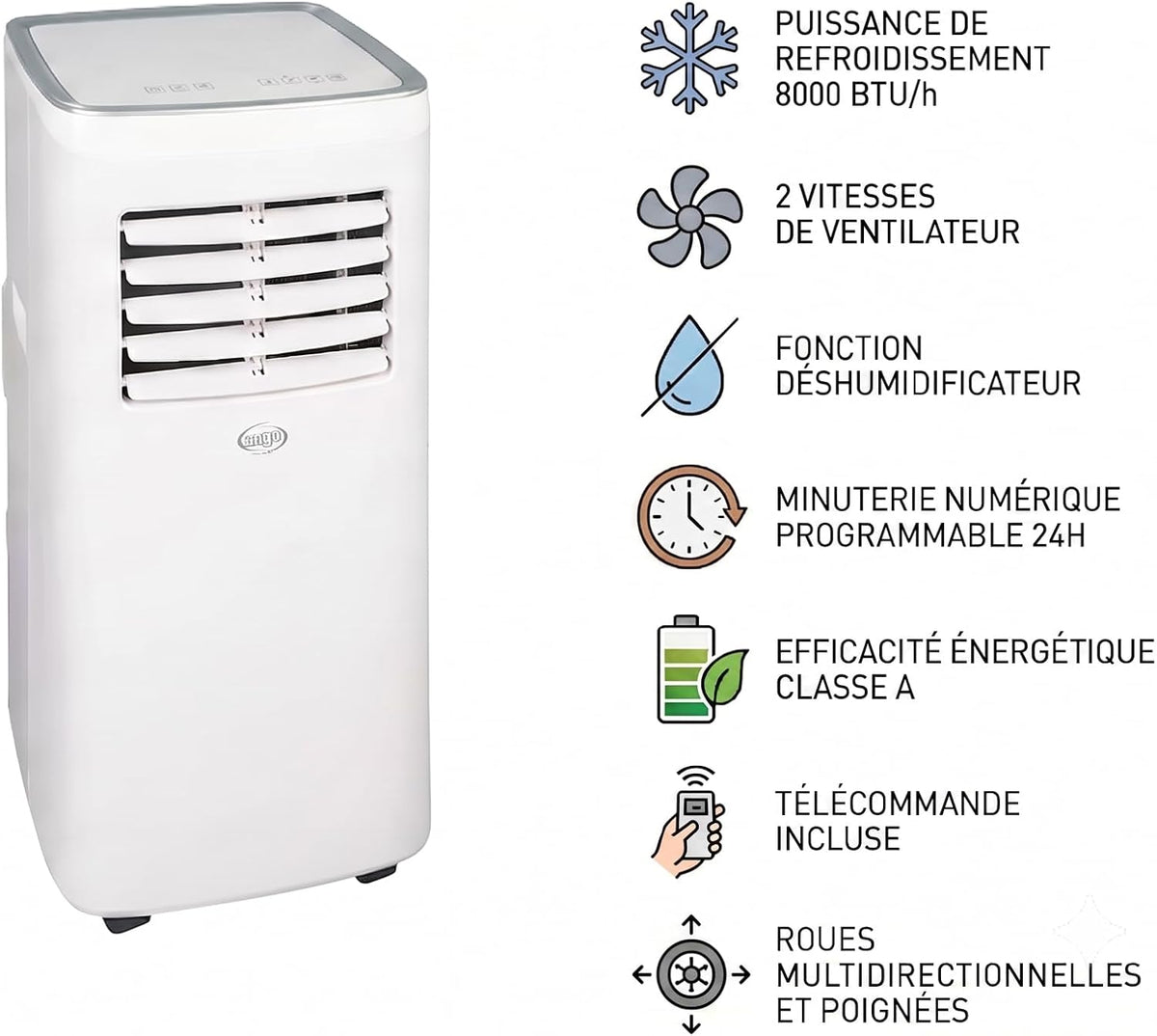 ARGO - Kompaktes mobiles Klimagerät – 3 Funktionen Kühlung Belüftung Entfeuchtung – 8000 BTU/h – Energieeffizienzklasse A – Weiß – 69 x 32,8 x 33,4 cm – ARG-ETIENNE