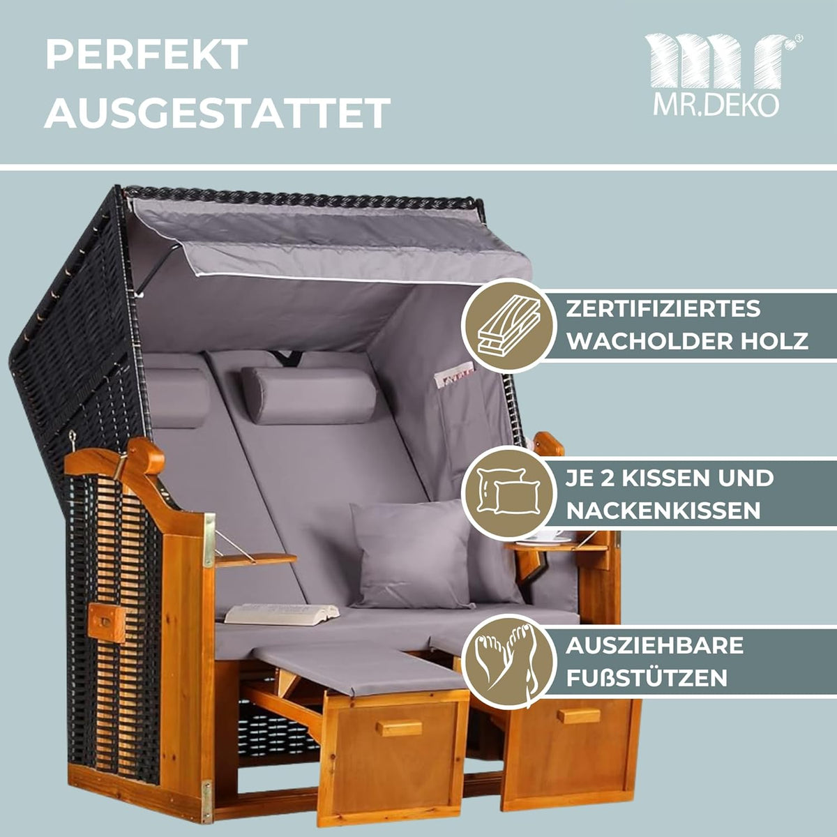 Strandkorb Ostsee Volllieger 2-Sitzer | PE Geflecht Schwarz Bezug Uni grau | inkl. 4 Kissen & Klapptisch | Strandstuhl verstellbar | Strandkörbe aus Hartholz mit Fußablage (Dessin Uni Grau)