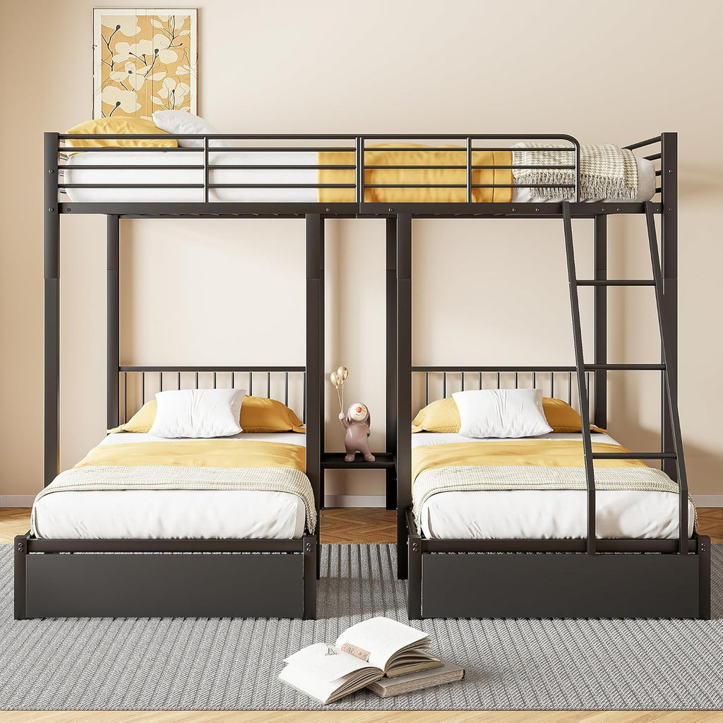 Dreifaches Etagenbett mit Schubladen, Metallbettrahmen, umwandelbar in 140 x 200 Doppelbett und Zwei 90 x 200 Einzelbetten, multifunktionales Metallrahmenbett, Schwarz