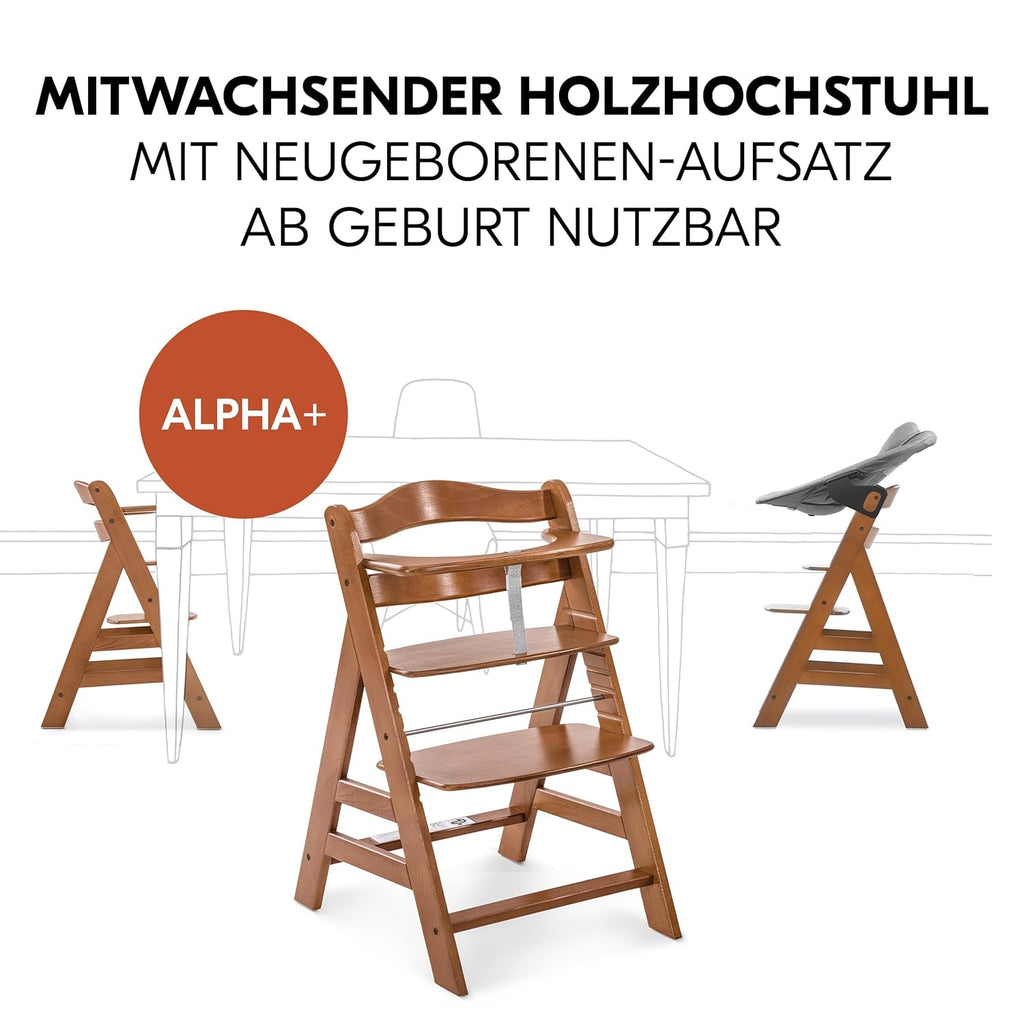 hauck Alpha+ Newborn Set mit Premium Bouncer Dark Grey - Baby Holz Hochstuhl ab Geburt mit Liegefunktion - extra flacher Aufsatz für Neugeborene & Sitzpolster - Walnuss
