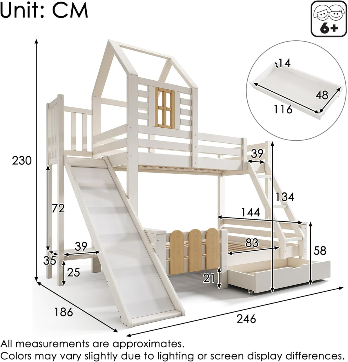 Kinderbett Etagenbett 90x200 & 140x200 cm mit Leiter & Rutsche, Hochbett Hausbett mit Bücherregal & Stauraum Schubladen, Bett Bettgestell mit Lattenrost & Rausfallschutz, Ohne Matratze, Weiß