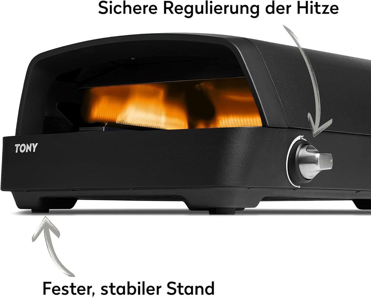 BURNHARD® Gas Pizzaofen - TONY, 450 °C, Tragbarer 5,9 kW Outdoor Ofen für Pizza (58,5 x 47,7 x 24,8 cm) inkl. Cordierit-Pizzastein, geeignet für Terrasse, Balkon und Garten