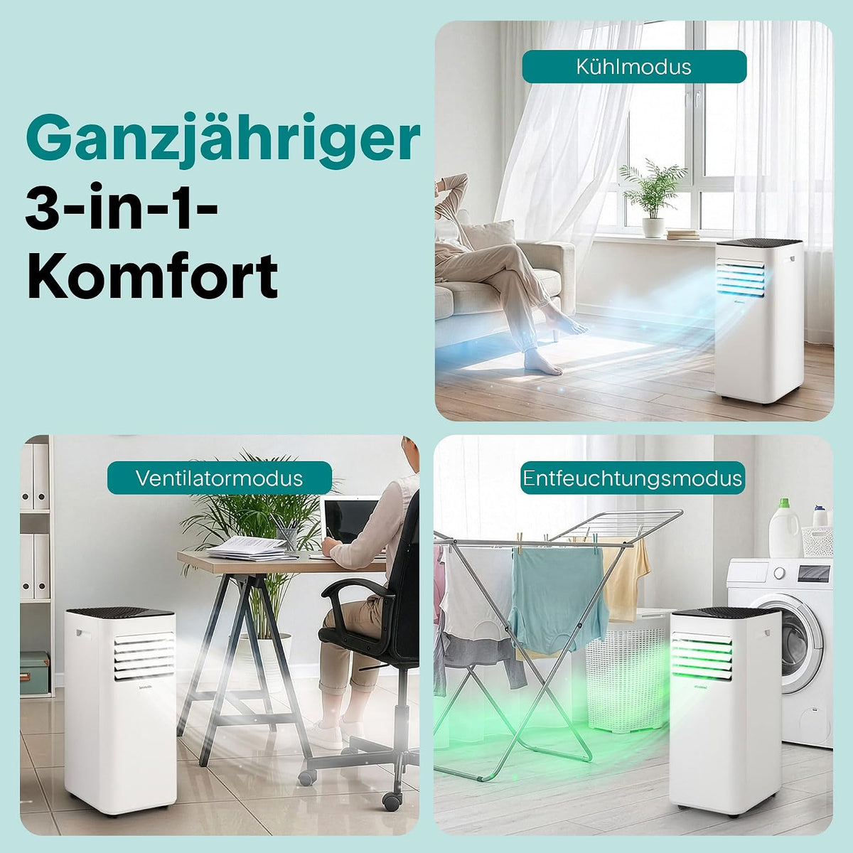 SereneLife Weiß Mobiles Klimagerät 9000 BTU 2,64kW für 28 m² – Air Conditioner mit Abluftschlauch, 3-in-1 mit Entfeuchter und Ventilator, Leise 54 dB, inkl. Fensterkit und Fernbedienung