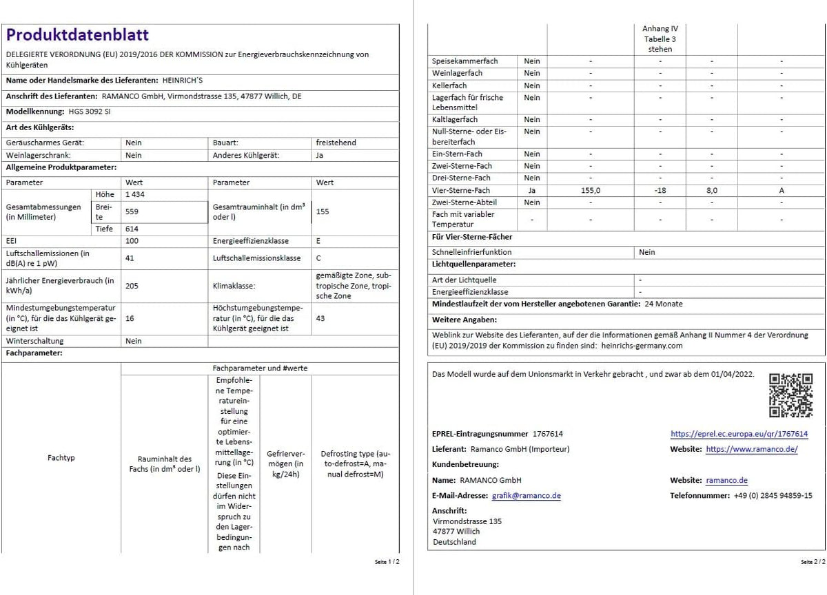 Heinrich´s Gefrierschrank Temperatur:-14°C~-24°C, Freezer, No-Frost Schutz, Gefrierschubladen + Gefrierfach, LED-Display,Airflow, wechselbarer Türanschlag, Alarmfunktion
