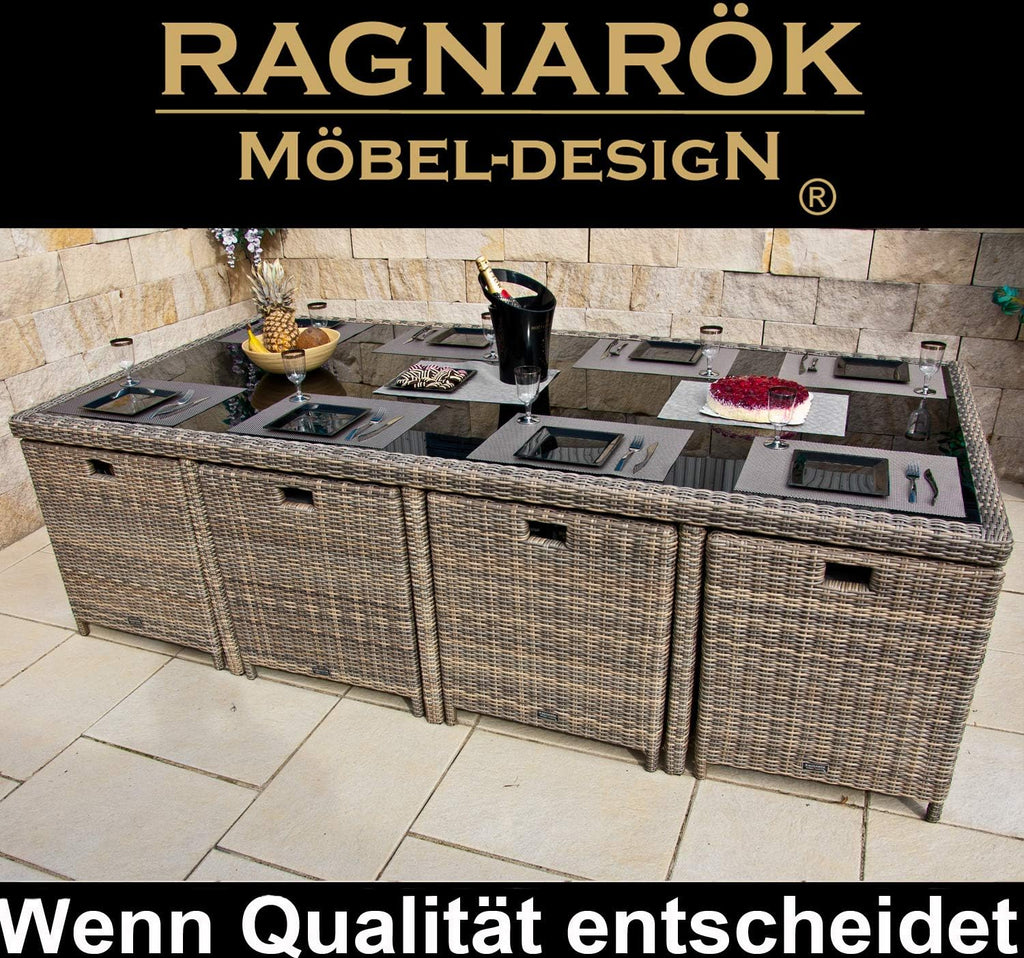 PolyRattan - Deutscher Hersteller - 10 Jahre GARANTIE auf UV-Beständigkeit - Gartenmöbel Essgruppe Tisch 8 Stuhl Hocker Polster Rostfrei Aluminium Dining Lounge Naturfarben Grau Schwarz