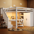 140x200 Hochbett mit Schreibtisch und Regal, Kleiderschrank, Stauraumtreppe, USB und LED-Leuchten, Weiß