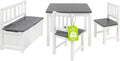 Bomi Kindersitzgruppe Anna mit integrierter Spielzeugkiste | Kinderzimmer-Set inkl. Kindertisch mit 2 Stühlen & Kindertruhenbank | Kindermöbel aus FSC nachhaltigem Kiefern Massiv Holz | Weiß Grau