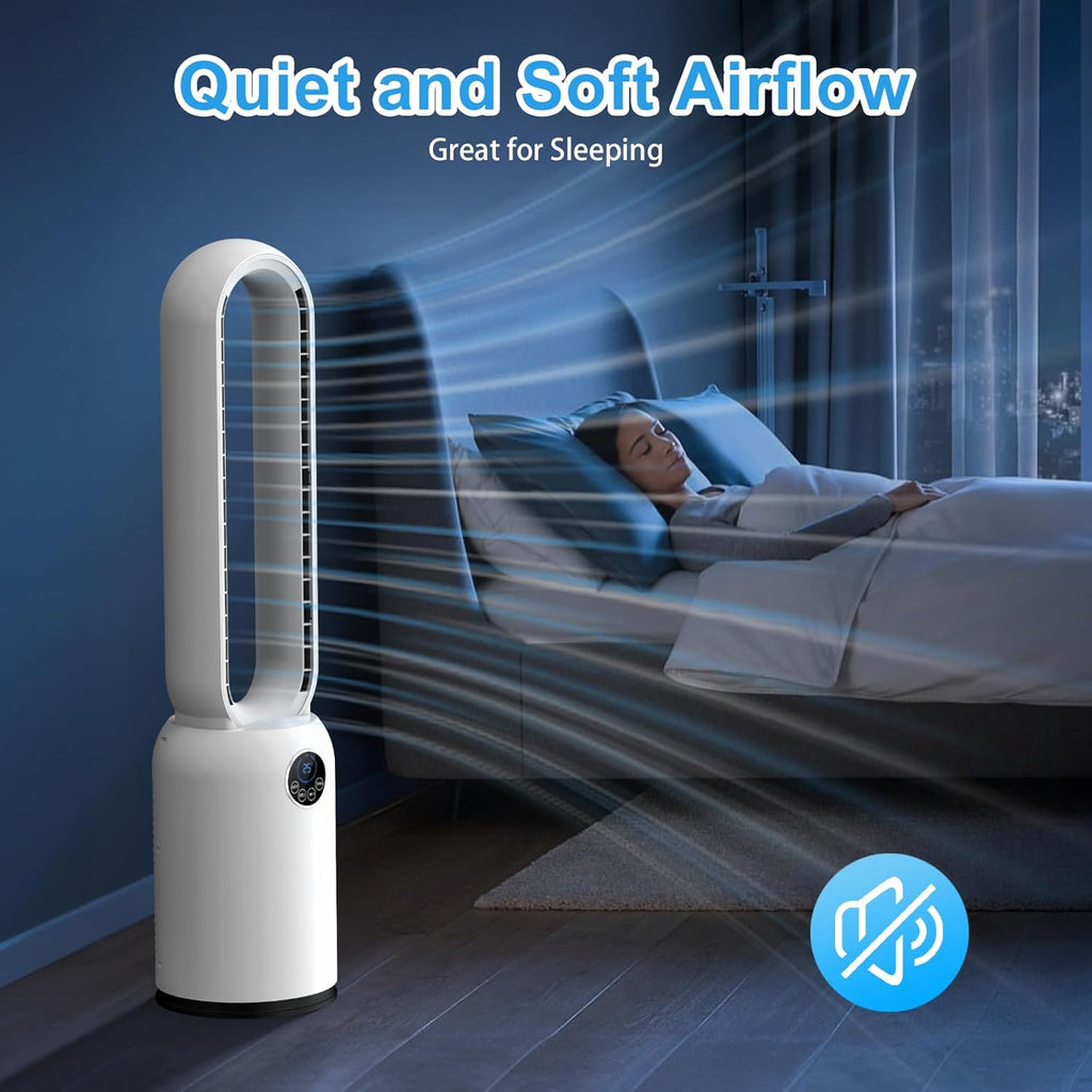 Turmventilator ohne Flügel 88cm – geräuschloser Standventilator mit 55W Motor, LED-Touchscreen & Fernbedienung, 12-Stunden-Timer, 90° oszillierend für Schlafzimmer & Büro (Weiß)