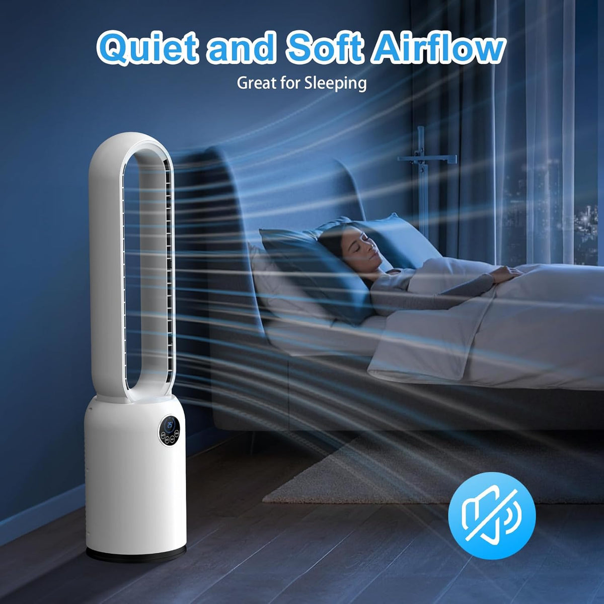 Turmventilator ohne Flügel 88cm – geräuschloser Standventilator mit 55W Motor, LED-Touchscreen & Fernbedienung, 12-Stunden-Timer, 90° oszillierend für Schlafzimmer & Büro (Weiß)