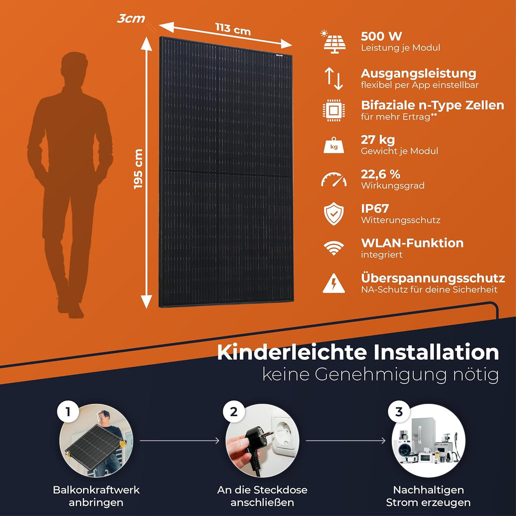 Solarway® 1000Wp / 800W Balkonkraftwerk komplett Steckdose - neuester EcoFlow Stream 800 Watt Wechselrichter - Solaranlage Komplettset - 500W bifaziale Black Solarmodule & EcoFlow & Zubehör
