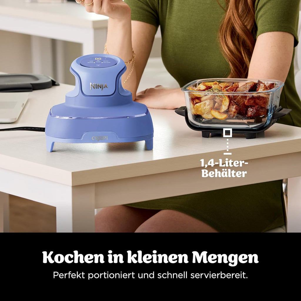 Ninja CRISPi Tragbare Heißluftfritteuse, 3,8 l & 1,4 l, 4-in-1: Heißluftfrittieren, Braten, Warmhalten, Aufknuspern, kompakt, 6 Portionen, 2 Glasbehälter & Deckel, 1700 W, Hellflieder FN101EUPR
