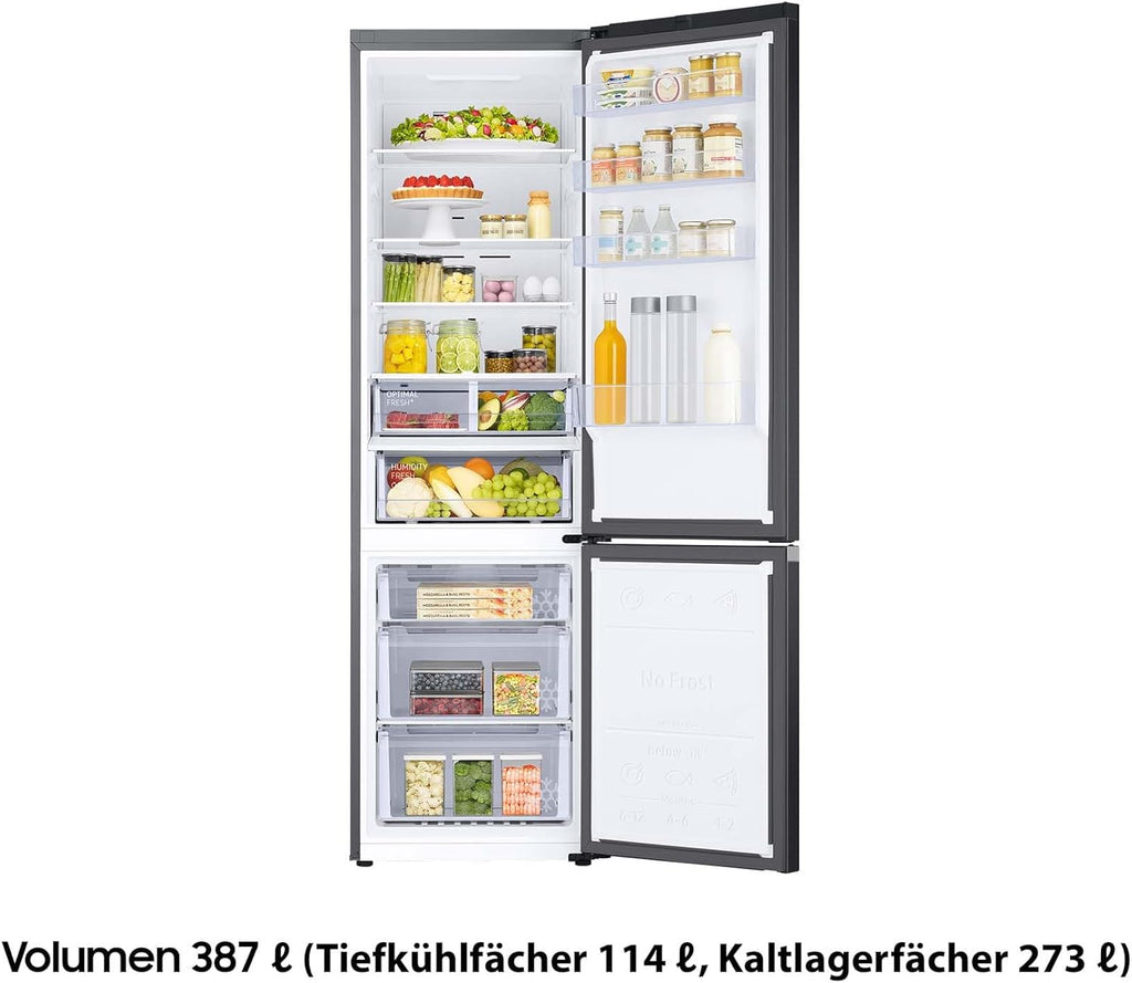 Samsung RB38C607AB1/EF Kühl-Gefrierkombination, 203 cm, 387 l, AI-Kühlschrank mit Gefrierfach, Wifi & AI Energy Mode, Humidity Fresh+, Space Max Technologie, No Frost+, Premium Black Steel