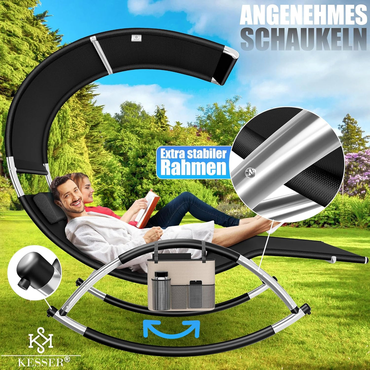 KESSER® Doppel-Sonnenliege Doppelliege mit Sonnendach, Kopfkissen Tasche für 2 Personen, Relaxliege, Gartenliege, Schaukelliege ergonomische Liegefläche, 240 kg Belastung, Seitentasche, Schwarz