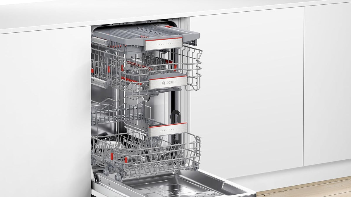 Bosch SPV2IKX10E Serie 2 Smarter Geschirrspüler vollintegriert, 45 cm breit, Besteckkorb, Extra Trocknen auf Knopfdruck, InfoLight roter Lichtpunkt am Boden, AquaStop Schutz gegen Wasserschäden, Weiß
