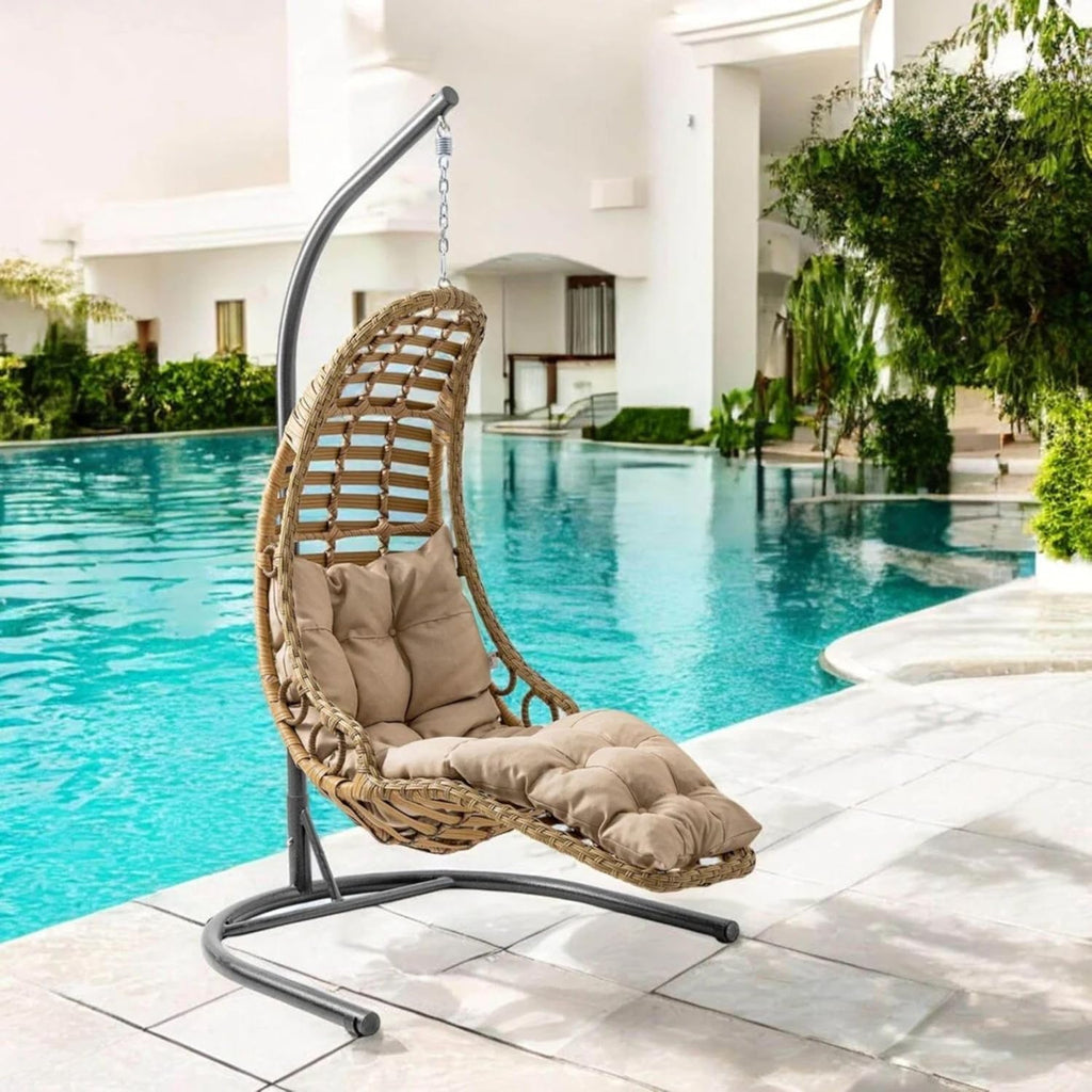 Hängesessel mit Gestell & Kissen Handgeflechtet Hängestuhl Rattan Hängematte Hängekorb Garten Balkonmöbel Hängeschaukel Bodrum (Hellbraun)