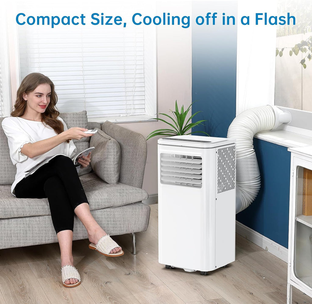 Tragbare Klimaanlage, 8000 BTUs 3-IN-1 Leise AC Einheit mit Fernbedienung, Tragbare Klimaanlage Eingebauter Luftentfeuchter, Ventilator, Auto, Schlafmodi, Abluftschlauch & Fenster-Kit, Weiß
