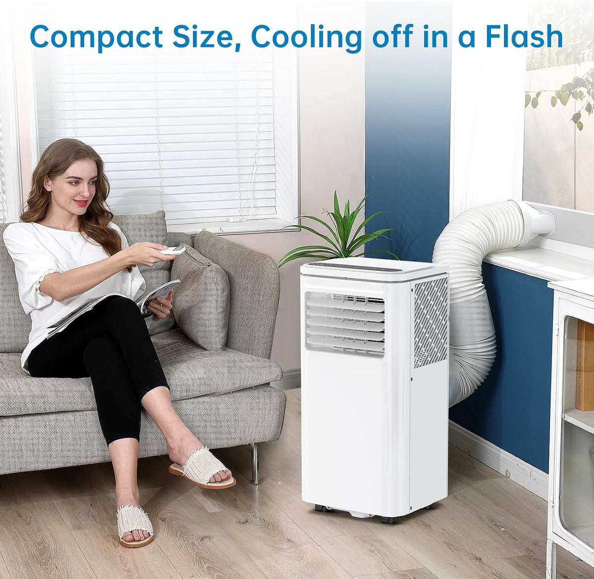 Tragbare Klimaanlage, 8000 BTUs 3-IN-1 Leise AC Einheit mit Fernbedienung, Tragbare Klimaanlage Eingebauter Luftentfeuchter, Ventilator, Auto, Schlafmodi, Abluftschlauch & Fenster-Kit, Weiß